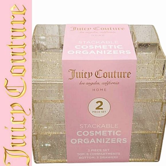 Juicy Couture Home Glitter Infused 2-Piece Stackable Cosmetic Organizers- Gold - Picture 1 of 12